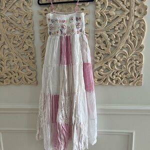 Embroidered White and Pink Maxi Dress